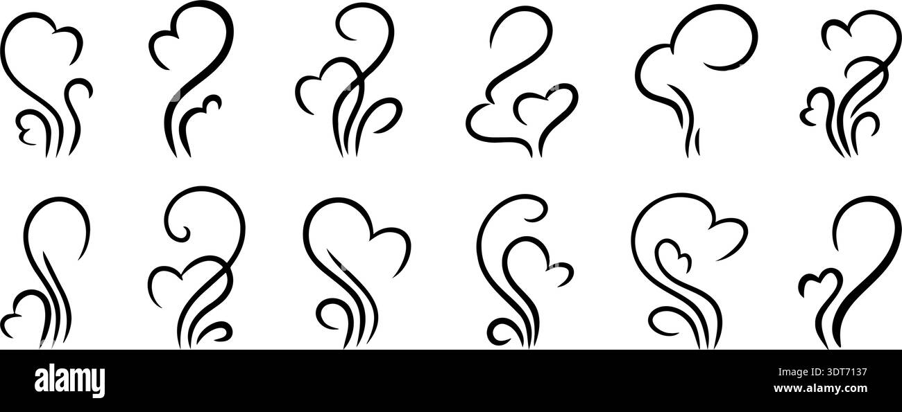 Handgezeichnete Dampfwellen, die heiße Luft, Geruch und warmen Atem ausdrücken. Ideal für Speisen, Kochszenen, Bechersymbole und Café-Branding. Stock Vektor