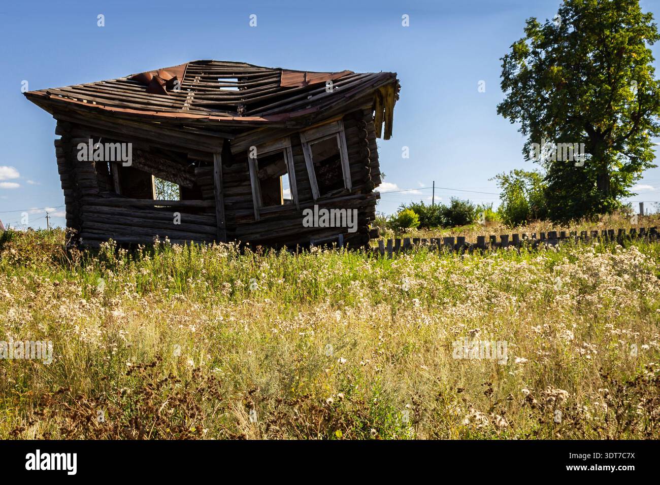 Altes verlassenes Holzhaus stürzt in einem ländlichen russischen Dorf in einer Sommerfeldlandschaft mit grünem Gras und blauem Himmel zusammen, Symbol des ländlichen Verfalls Stockfoto