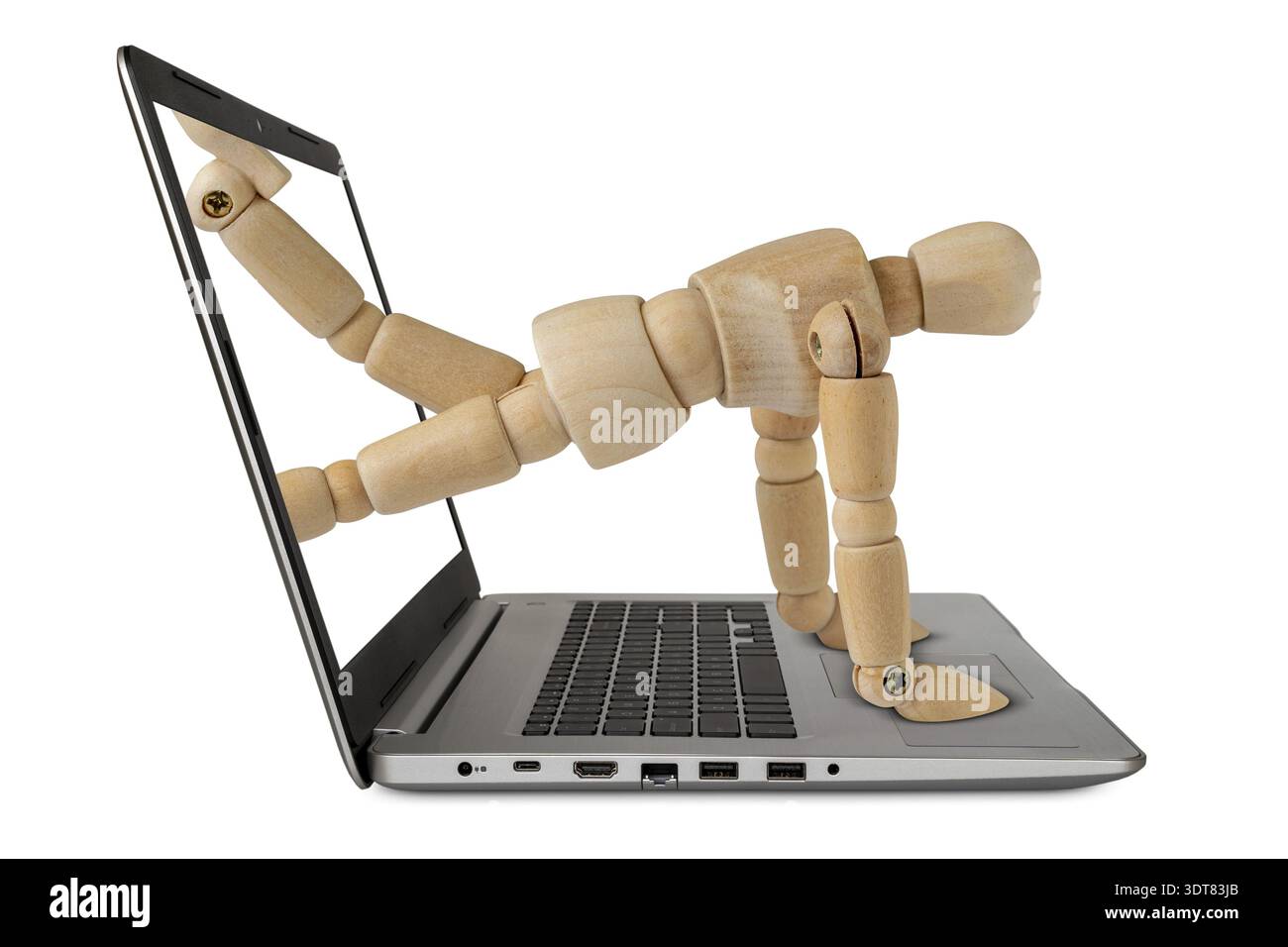 Mann Krabbelt Aus Dem Bildschirm Des Computer-Notebooks. Internet-Diebstahl-Konzept Stockfoto