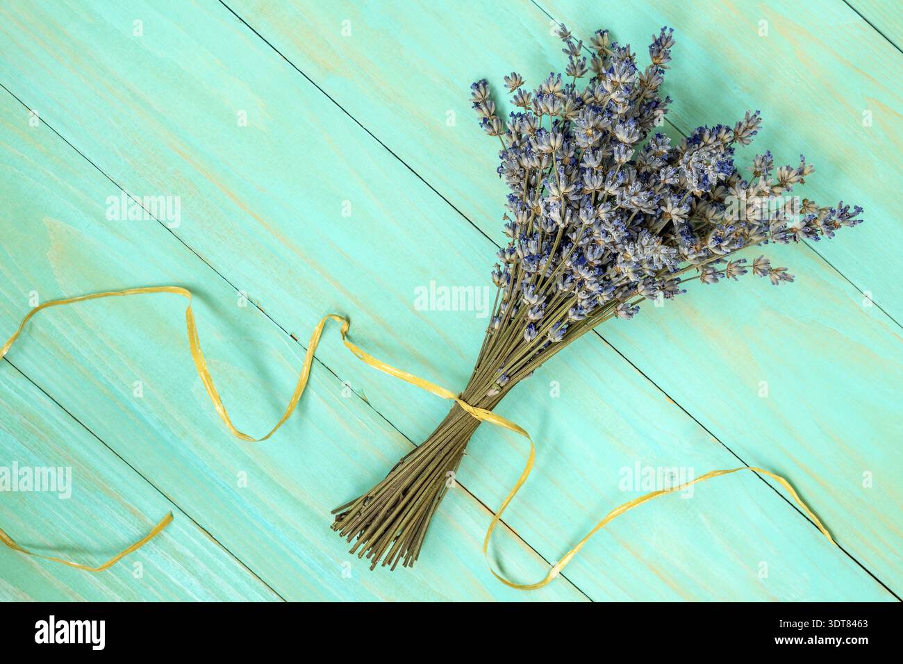 Bündel trockenen Lavendelblüten auf dem blauen Hintergrund Holz Stockfoto