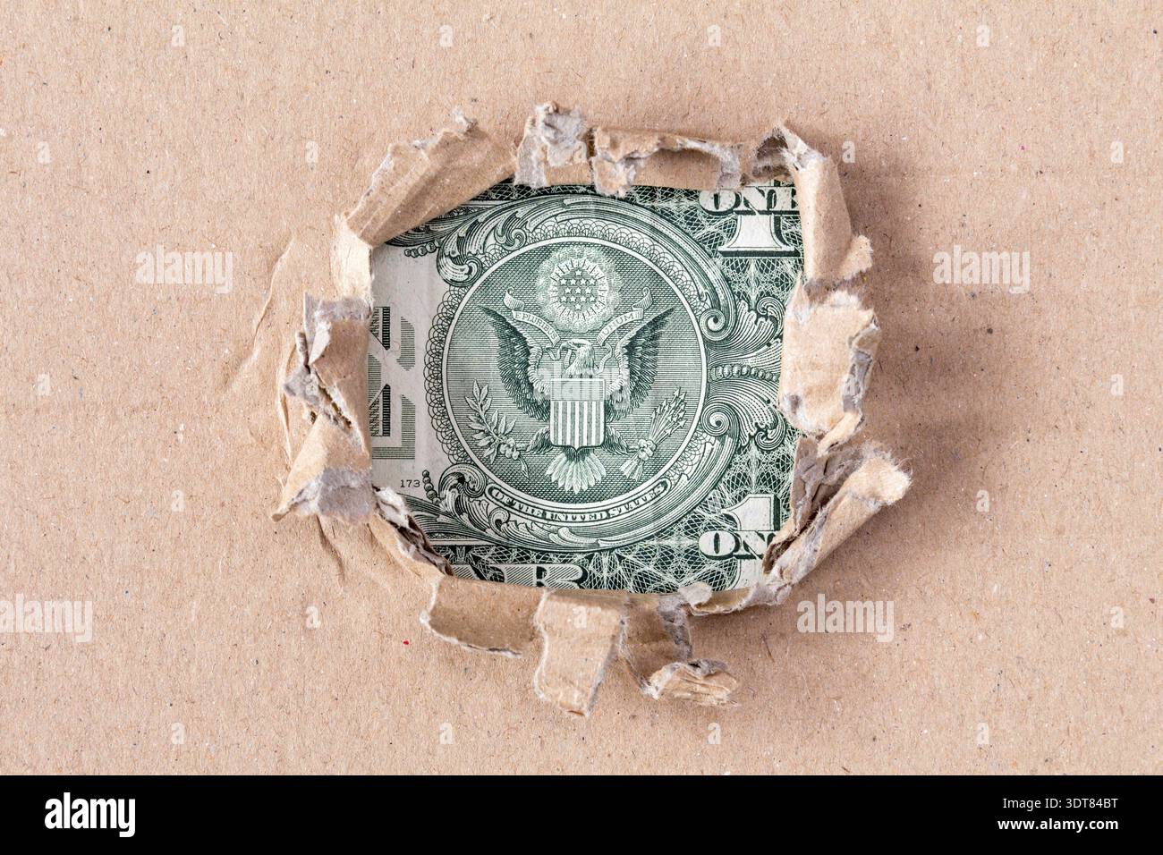 Amerikanische Währung Dollar bill Adler, durch das Loch im Papier Stockfoto