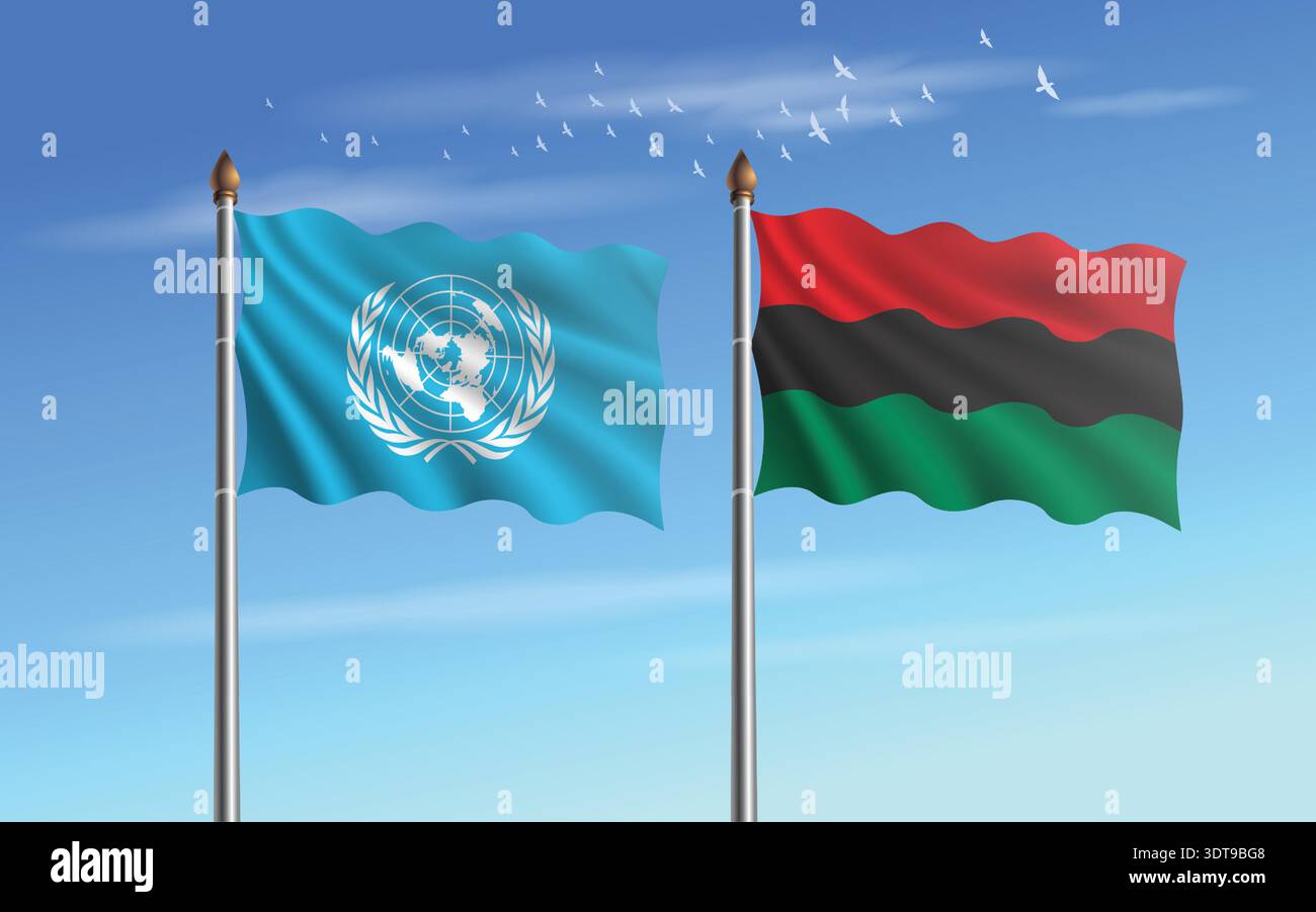 Die Fahnen der Vereinten Nationen und der afroamerikanischen Flagge stehen in Beziehung zum Himmel Stock Vektor