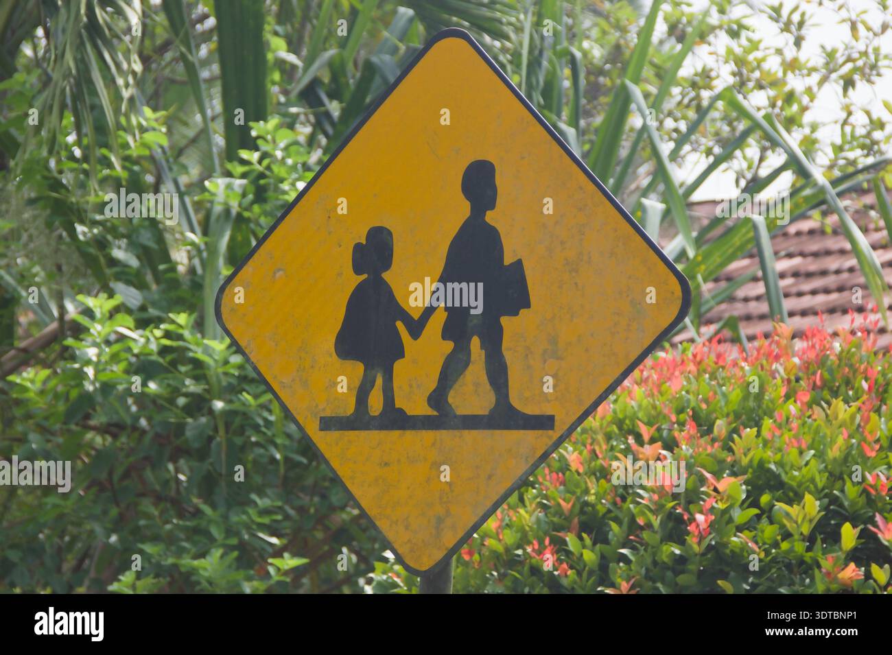 Gelbes Warnschild für Fußgänger im Freien mit Kindersilhouette. Stockfoto