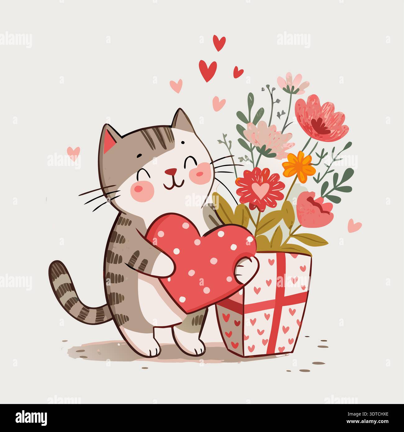 Karikaturillustration einer niedlichen Katze, die ein rotes Herz hält und neben einem Blumentopf steht, der mit Blumen gefüllt ist, umgeben von kleinen Herzen. Stock Vektor