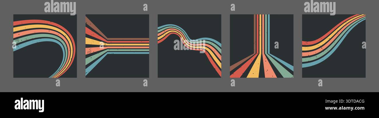 Gestreifter Regenbogenstreifen. Set aus künstlerischen quadratischen Kulissen mit verspielten geometrischen Bögen im Dunkeln. Vintage-Tapeten und moderne grafische Layouts. Retro Stock Vektor
