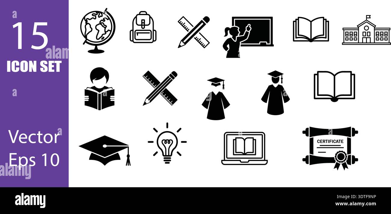 Dieses Vektor-Symbol-Set bietet eine klare, monochrome Sammlung von Bildsymbolen, die perfekt für Lernmaterialien sind. Es umfasst einen Globus und Bücher Stock Vektor