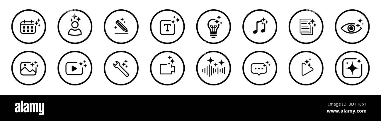 Kollektion von Generative AI-Logo-Symbol mit funkelndem Stern und quadratischem Knopf. Konzept der künstlichen Intelligenz und des maschinellen Lernens für App und Web Stock Vektor