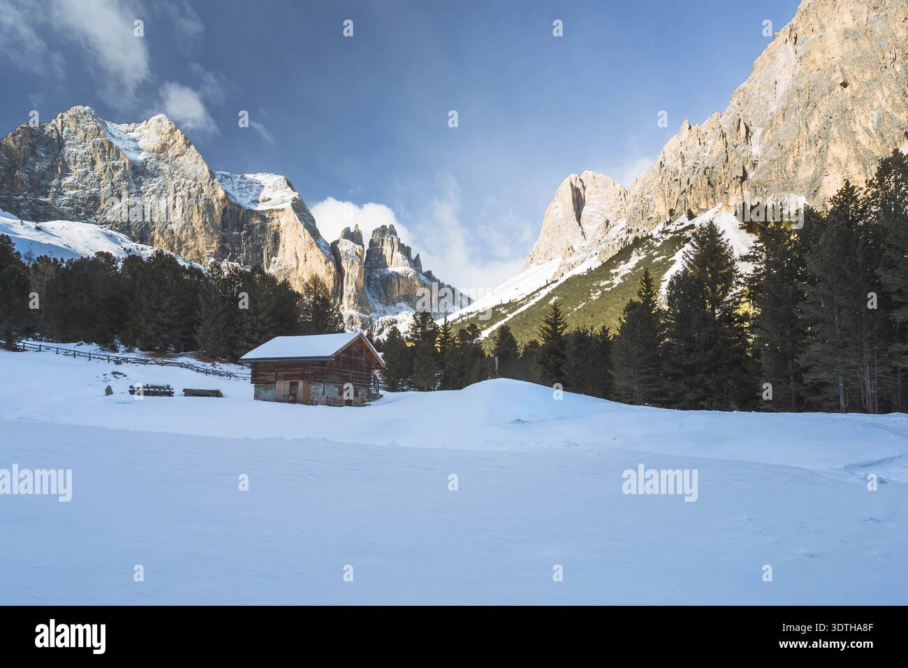 Schneebedeckte Almhütte im Fassatal mit Dolomitengipfeln und Kiefernwäldern, Trentino Südtirol, Italien Stockfoto