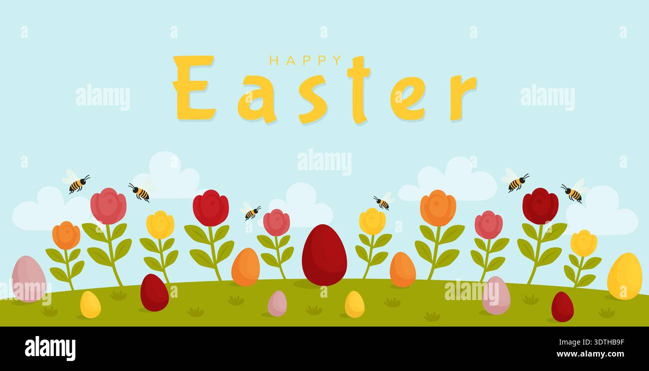 Glückliches Osterbanner mit Eiern Blumen und Bienen auf Frühlingswiese Vektor Illustration. Stock Vektor