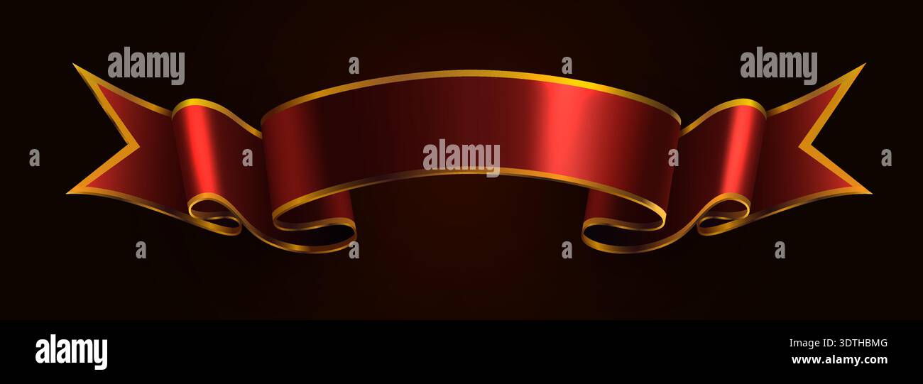 Luxuriöses Banner mit rotem Band und goldenem Besatz auf dunklem Hintergrund, perfekt für Werbeaktionen oder Etiketten. Vektorabbildung. Stock Vektor