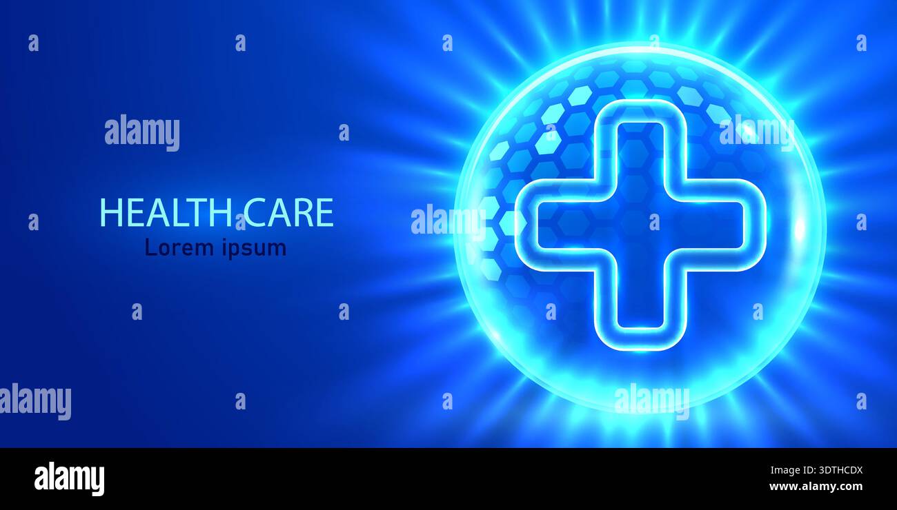 Abstrakter Gesundheitshintergrund mit einem leuchtenden medizinischen Kreuz-Symbol auf einem leuchtend blauen Hintergrund. Vektorabbildung Stock Vektor