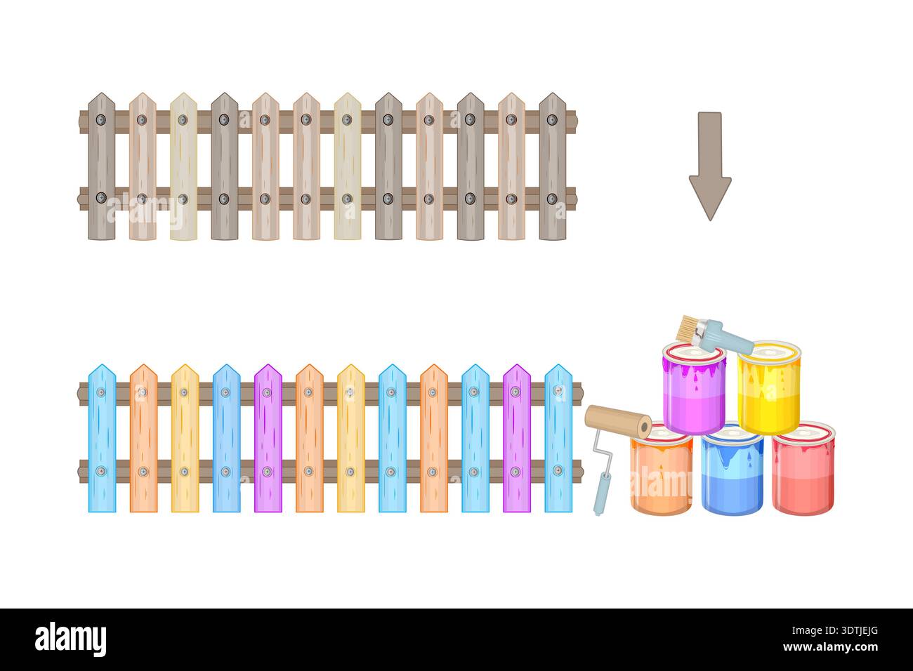 Holzzaun vor und nach dem Malen.Zaunrenovierung und Malerei.vor und nach DIY kreative Hausverbesserung .Maldosen, Rolle, Pinsel. Vektor Stock Vektor