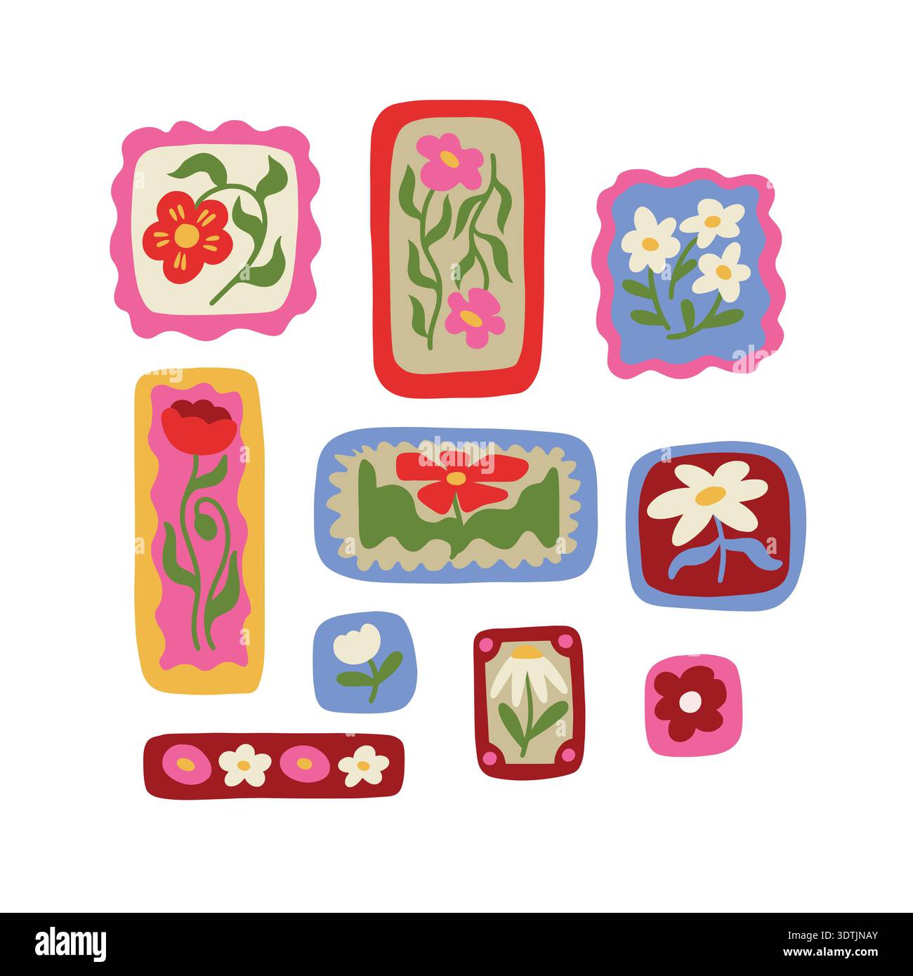 Verspielte Blumenelemente mit farbenfrohen Deko-Fliesen im Retro-Stil Stock Vektor