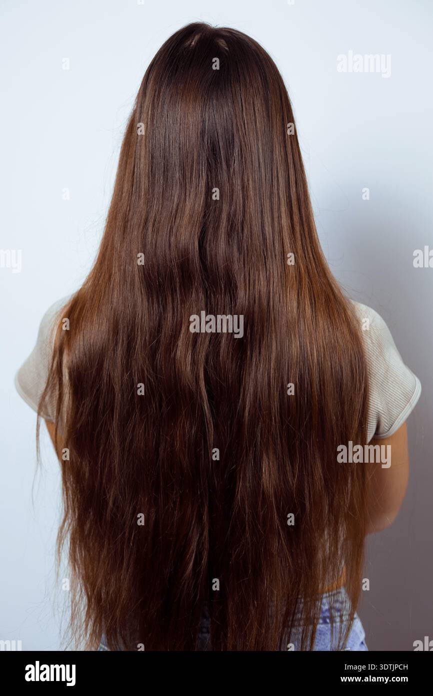Rückansicht Porträt einer Frau mit langen, glatten braunen Haaren. Stockfoto