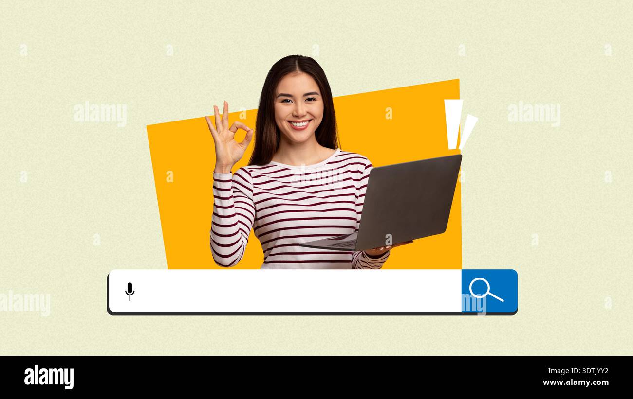 Collage, die junge Frau zeigt, die einen Laptop hält, während sie lächelt und eine Handgeste macht Stockfoto