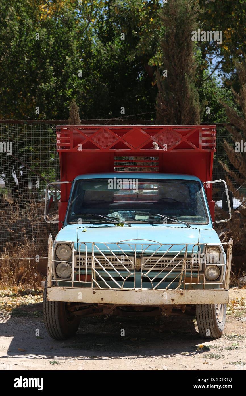 Ein blauer Pickup-Truck im Retro-Stil mit einem roten Staufach, der draußen geparkt wird. Stockfoto