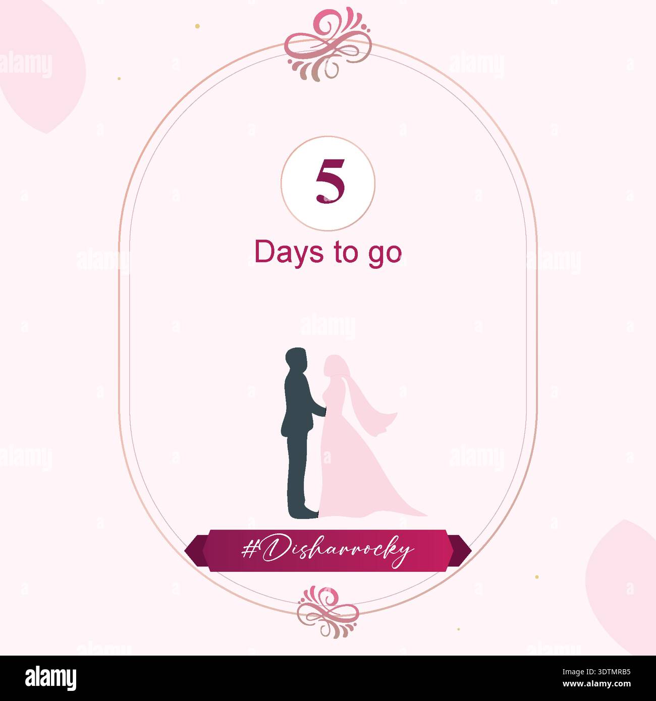 Rosa Hochzeit Countdown Vektor Illustration mit Braut und Bräutigam Silhouette mit Blumenrahmen und Days to go Text. Romantischer Hintergrund für Paare Stock Vektor