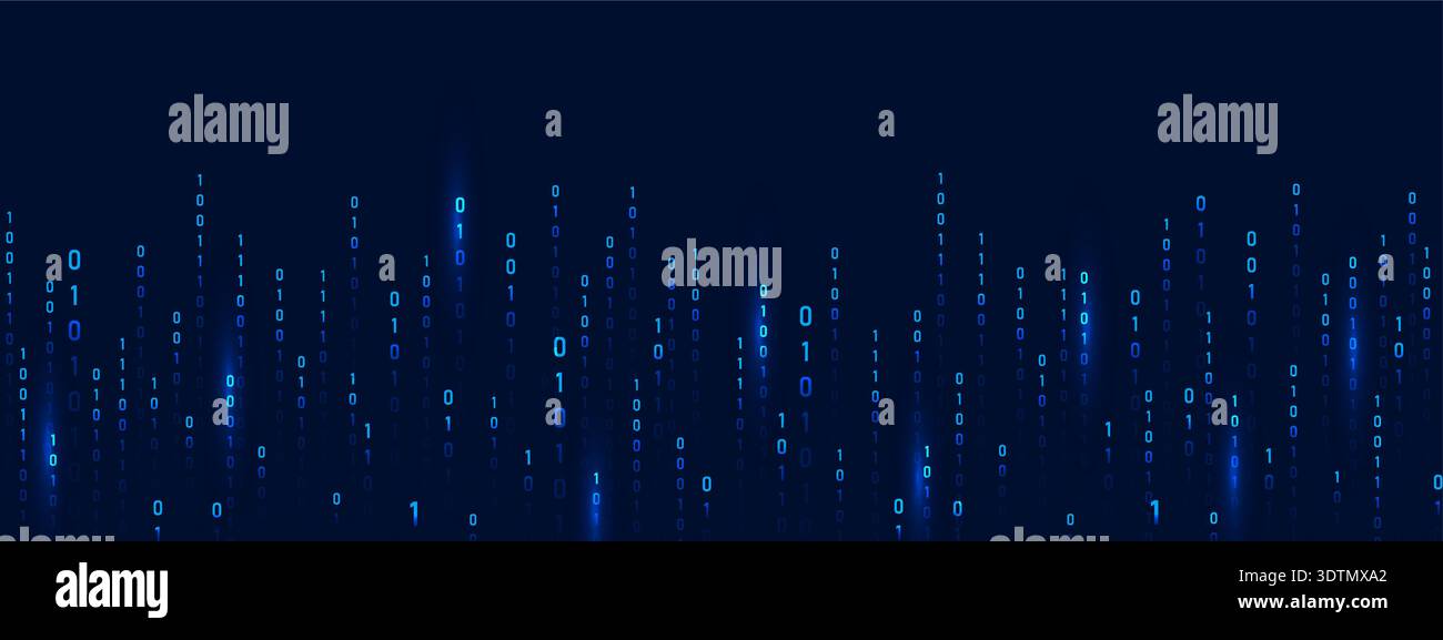 Binärcode Regen. Blaue Matrix und abstrakter Computerhintergrund. Technologie und Sicherheit im futuristischen Cyber-Raum mit Tiefe und Science-Fiction Stock Vektor