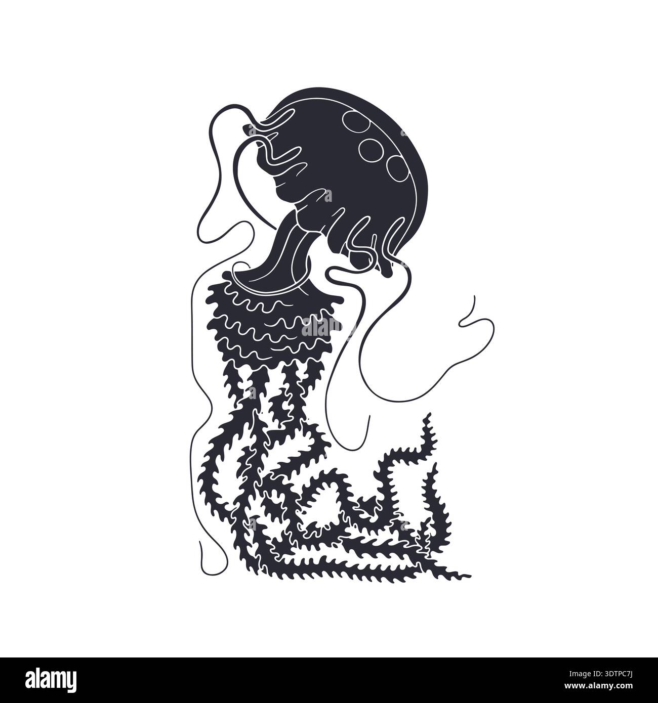 Schwarze Silhouette Qualle schwimmt in Ozean Hand gezeichnete Vektor-Illustration Stock Vektor