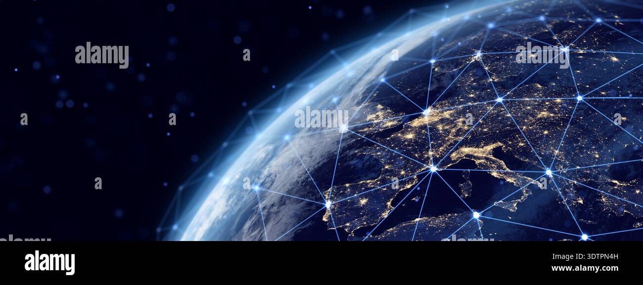 Planet Erde. Globale Netzkonnektivität in Europa, Übertragung von Big Data, Cyber-Technologie, Netzwerk und Telekommunikation. Enthält NASA-Bildelemente. Stockfoto
