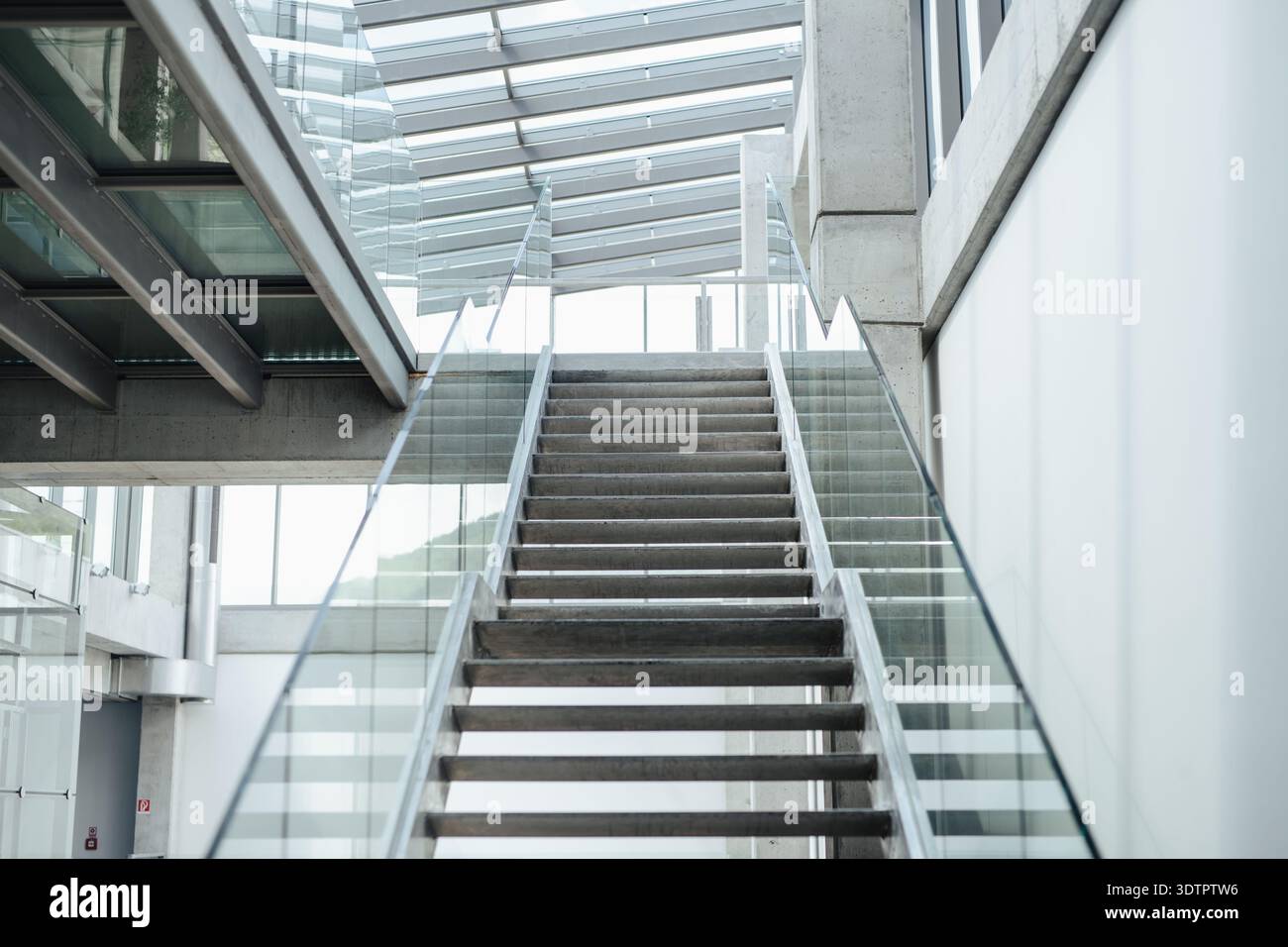 Minimalistische Betontreppen mit Glasgeländer im modernen Innenraum. Stockfoto