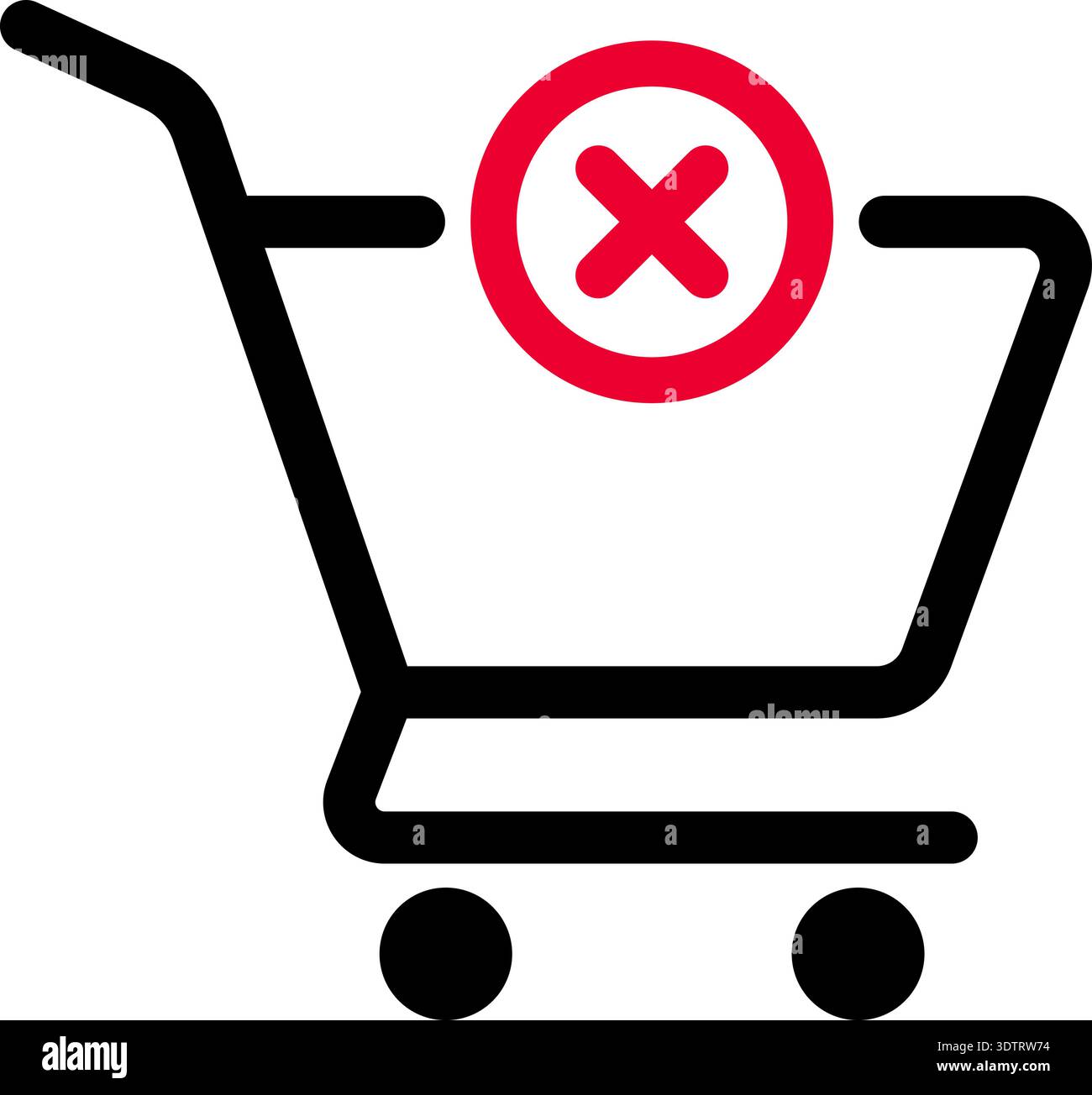 Vektorsymbol eines Supermarkt-Trolleys mit einem X-Symbol darüber, um das Abbrechen einer Einkaufsaktion oder das Entfernen eines Artikels darzustellen. Stock Vektor