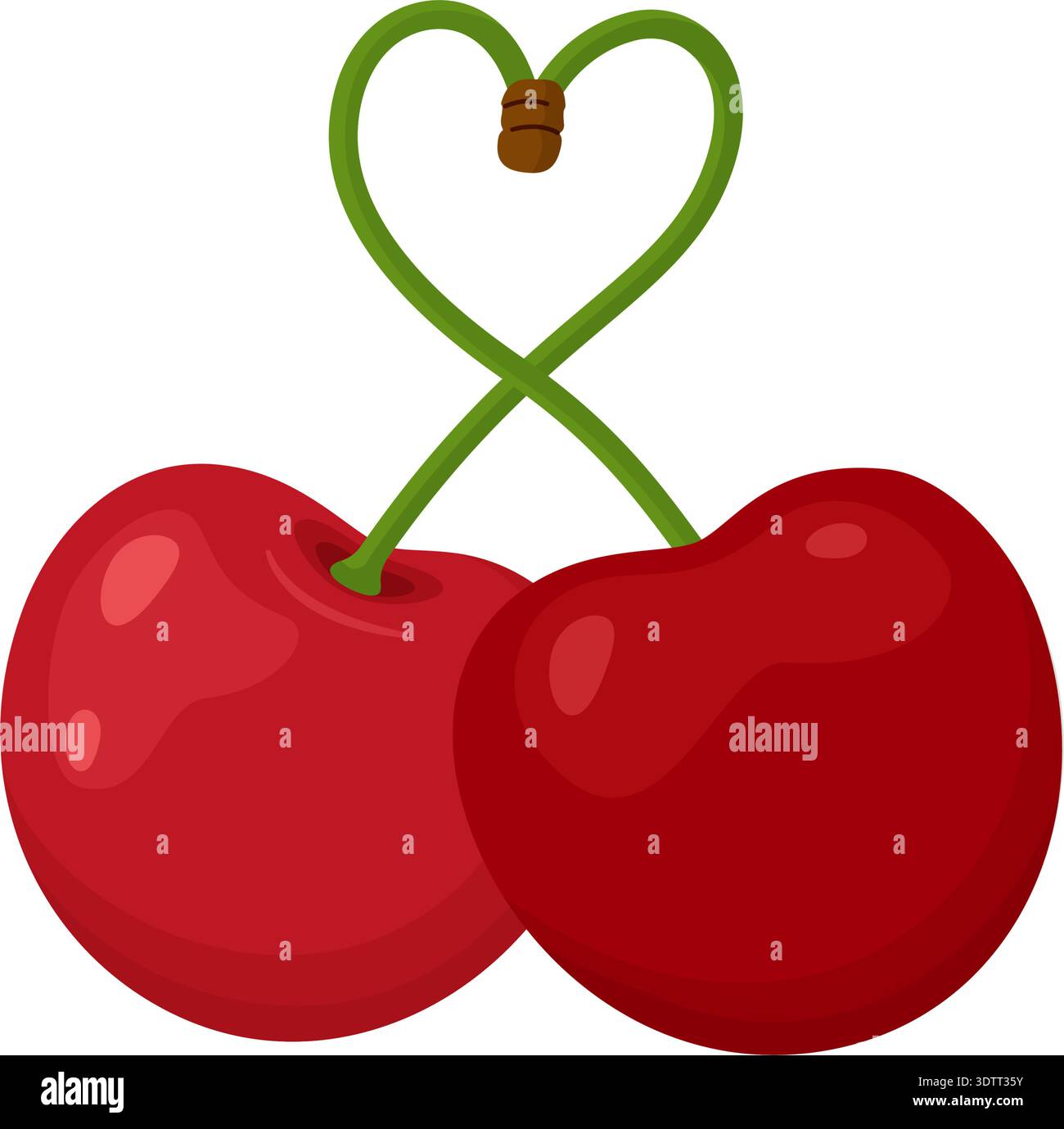 Zwei rote Kirschen mit grünen Stielen, die Herzform bilden. Handgezeichnet trendiger flacher Stil isoliert. Für Aufkleber, Menüs, Poster, Sommer, romantisches Design, Food-Apps, Valentinstag. Vektorabbildung Stock Vektor