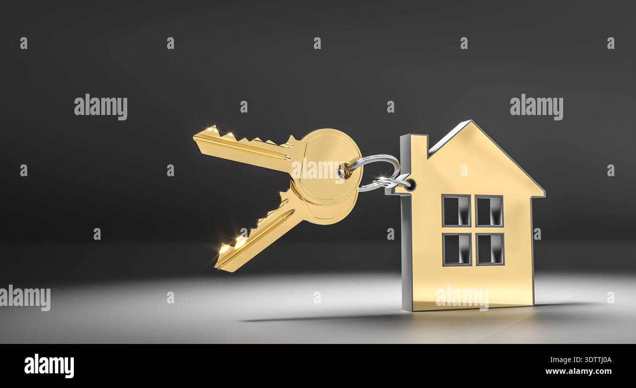 3D goldene Schlüssel und Schlüsselanhänger Stockfoto