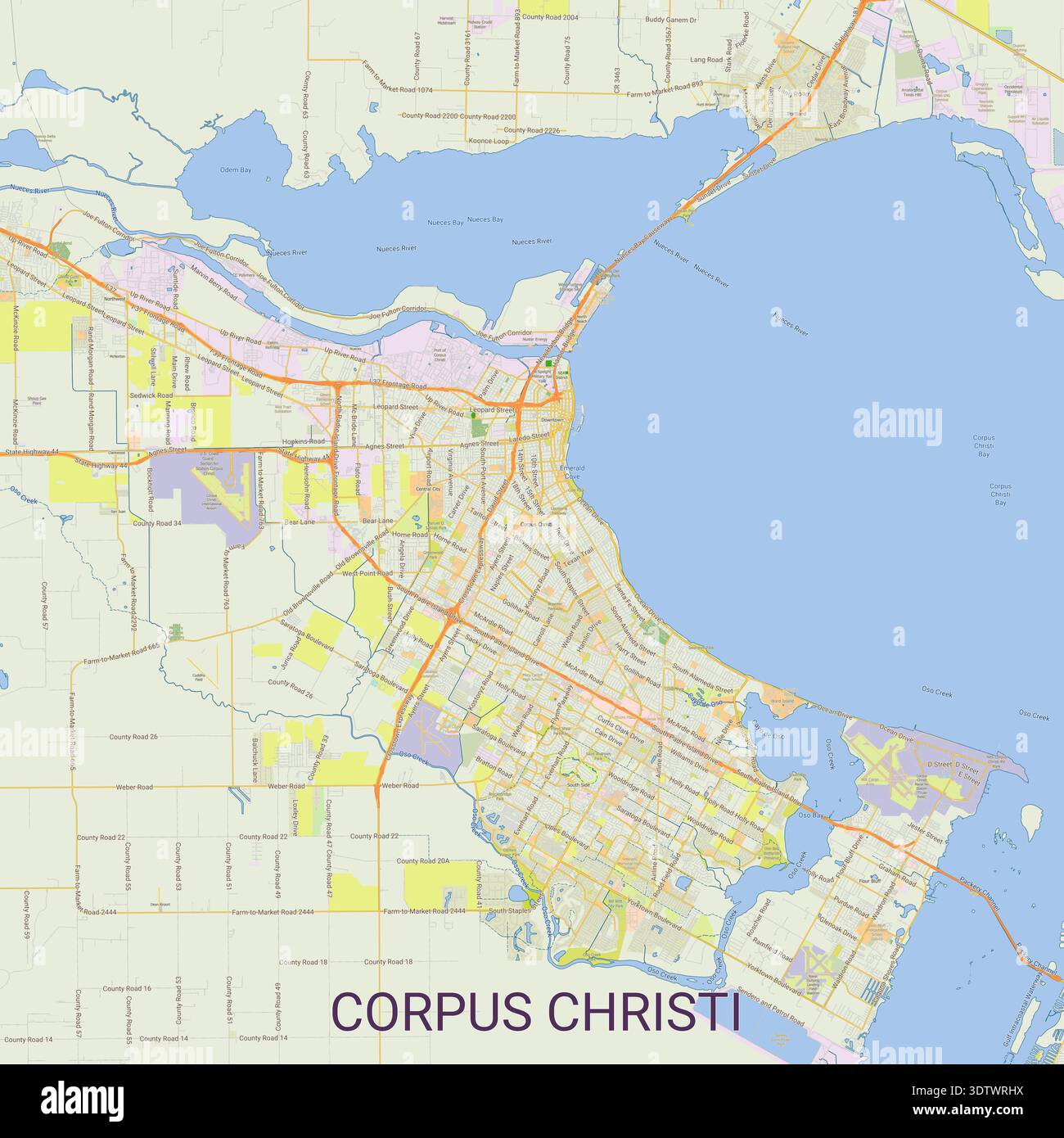 Corpus Christi Stadtplan mit Bucht und Straßennetz Stock Vektor