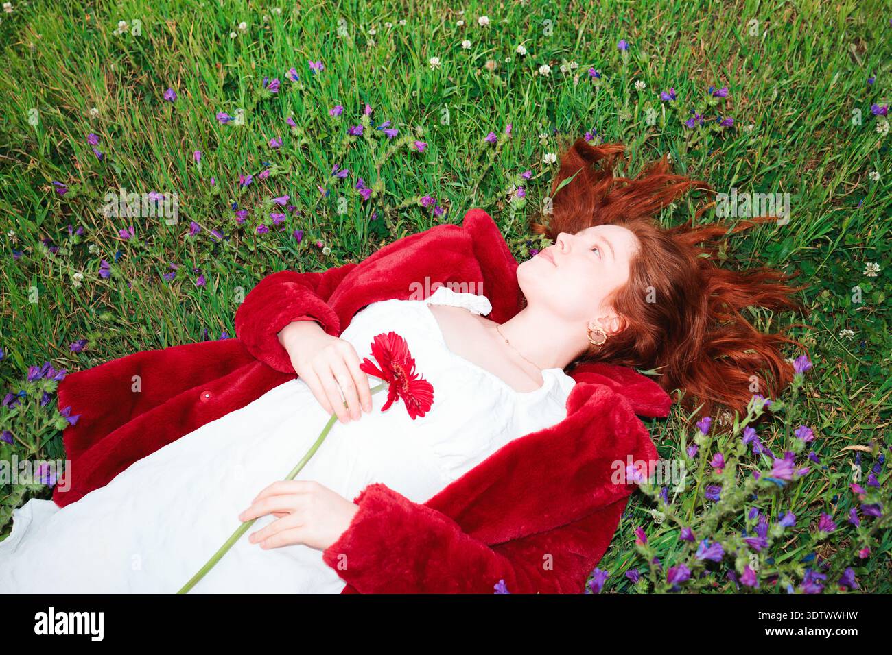 Rothaarige Frau, die auf der Wiese liegt, mit roter Blume Stockfoto