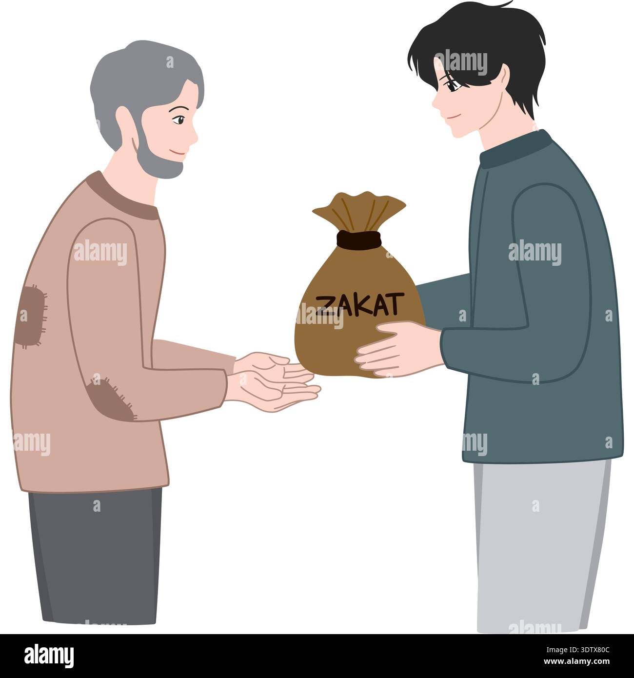 Muslimischer Mann, der Alms und Zakat an arme Menschen schenkt, islamisches Wohltätigkeitskonzept für Ramadan und Eid Al-Fitr, flache Vektor-Illustration von Helfen Bedürftigen Stock Vektor