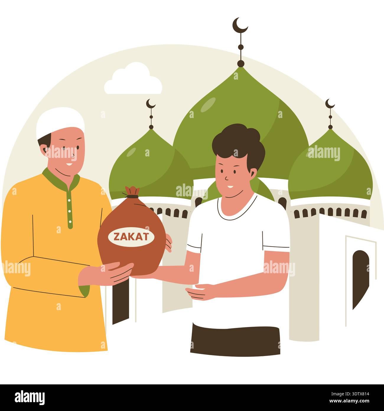 Muslimischer Mann gibt Zakat al-Fitr Tasche an Person vor Moschee, islamische Wohltätigkeitsorganisation und Ramadan Kareem Konzept, flache Vektorillustration. Stock Vektor