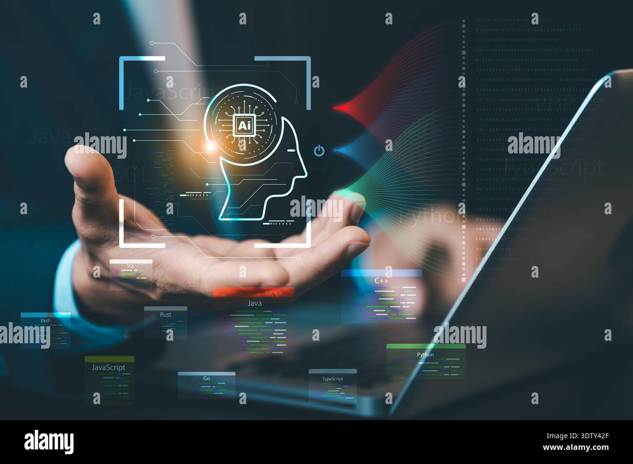 KI-Kopfsymbol mit verschiedenen Bezeichnungen für Programmiersprachen. Konzept der Softwareentwicklung, Programmierung, künstliche Intelligenz und Technikausbildung Stockfoto