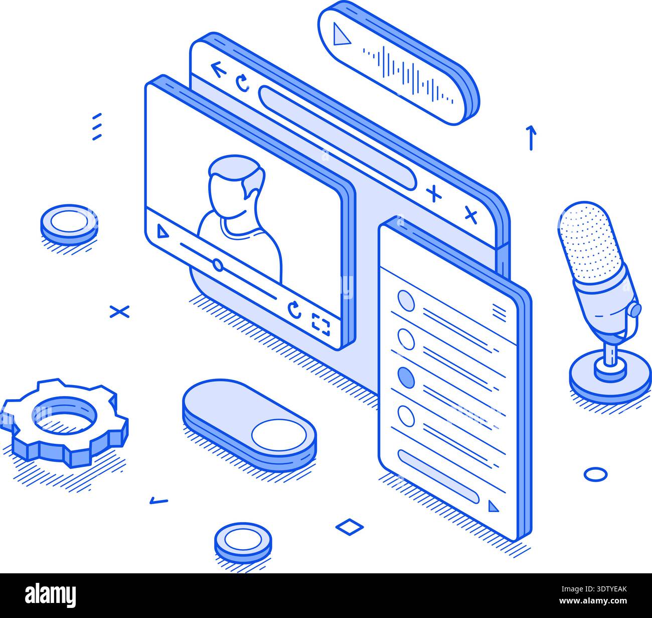 Live-Streaming-Einrichtung mit isometrischem Design. Es verfügt über eine Videoschnittstelle, ein Mikrofon und Steuerelemente. Die Szene repräsentiert ein zeitgenössisches Onlin Stock Vektor