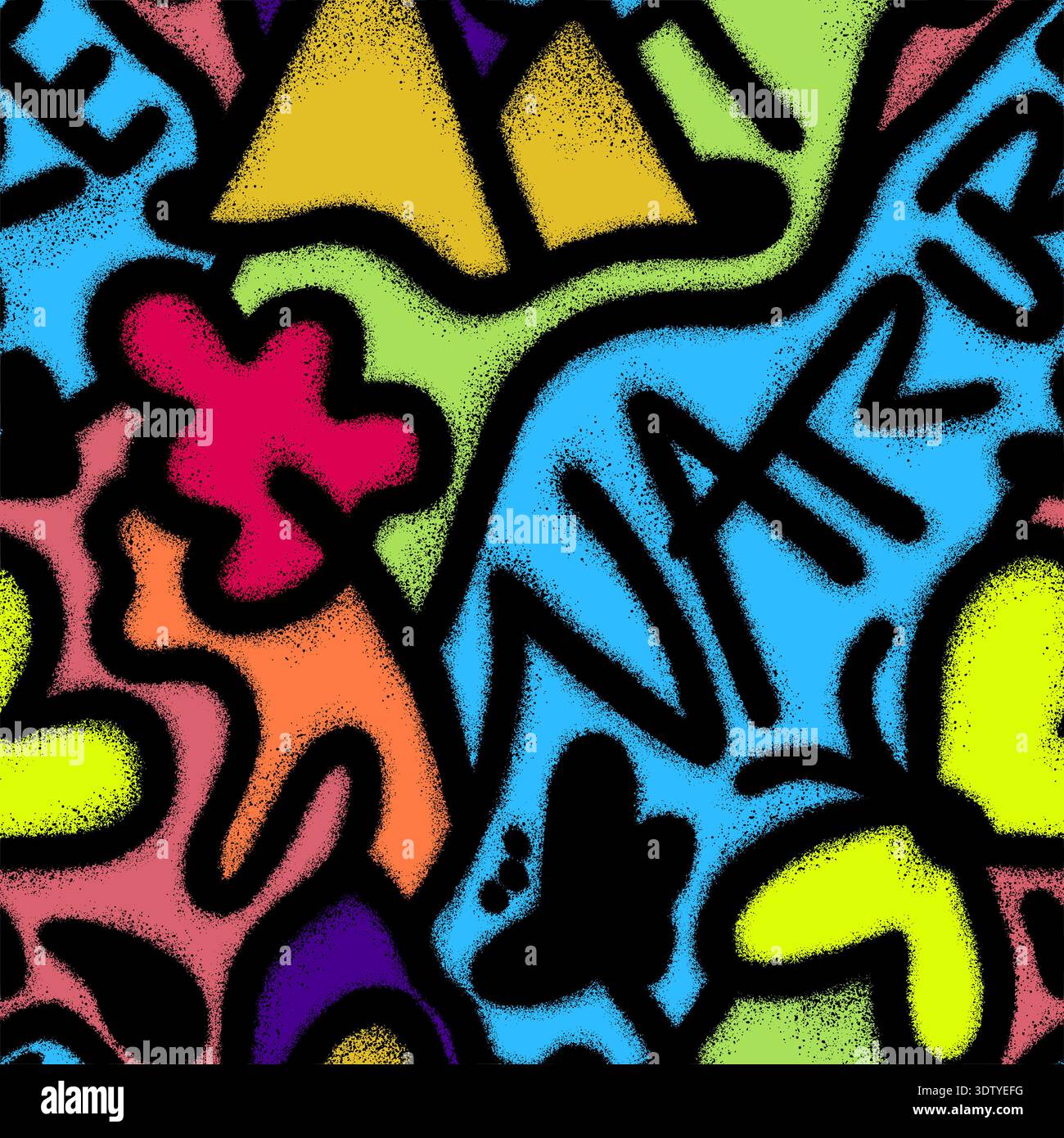 Nahtloses Muster mit handgezeichneten Wörtern im Graffiti-Stil, Herzen, Hügeln und Schildern für Stoff, Verpackung, Textil, Tapete, Kleidung. Vektorillustrat Stock Vektor