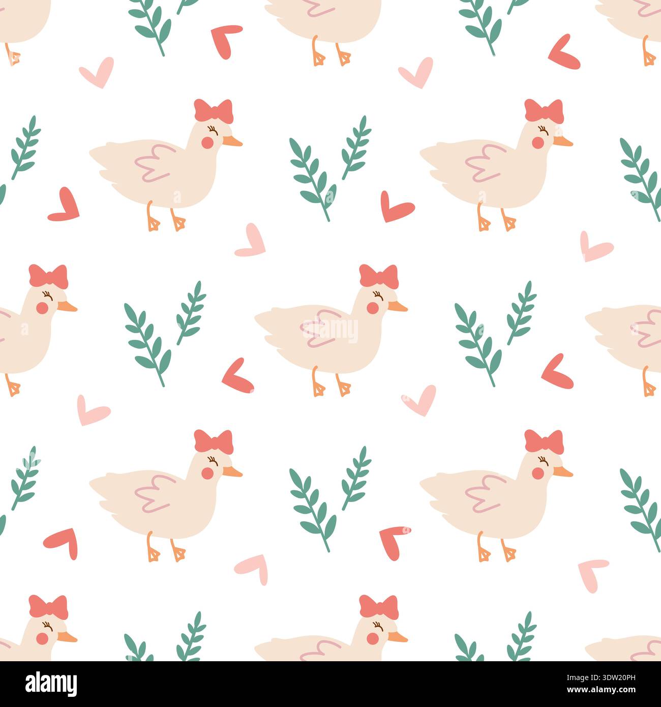 Niedliches nahtloses Muster einer rosafarbenen Ente mit Schleife und Herzen für Babygewebe. Bezaubernde Illustrationen von Frühlingstieren für Osterkarten, Kindertextilien und Tapeten. Stock Vektor