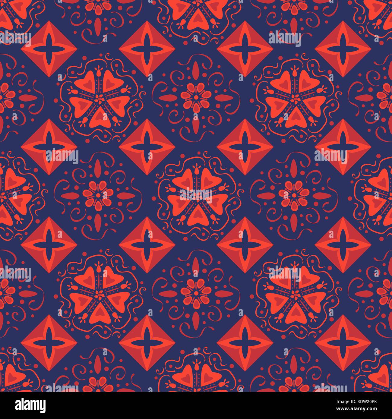 Abstraktes geometrisches nahtloses Muster mit verzierten Ornamenten und Blumenmotiven im orientalischen Stil. Vektor-Hintergrund mit Blumen, Fliesen. Luxuriöses, sich wiederholendes symmetrisches Design für Dekor und Textilien Stock Vektor