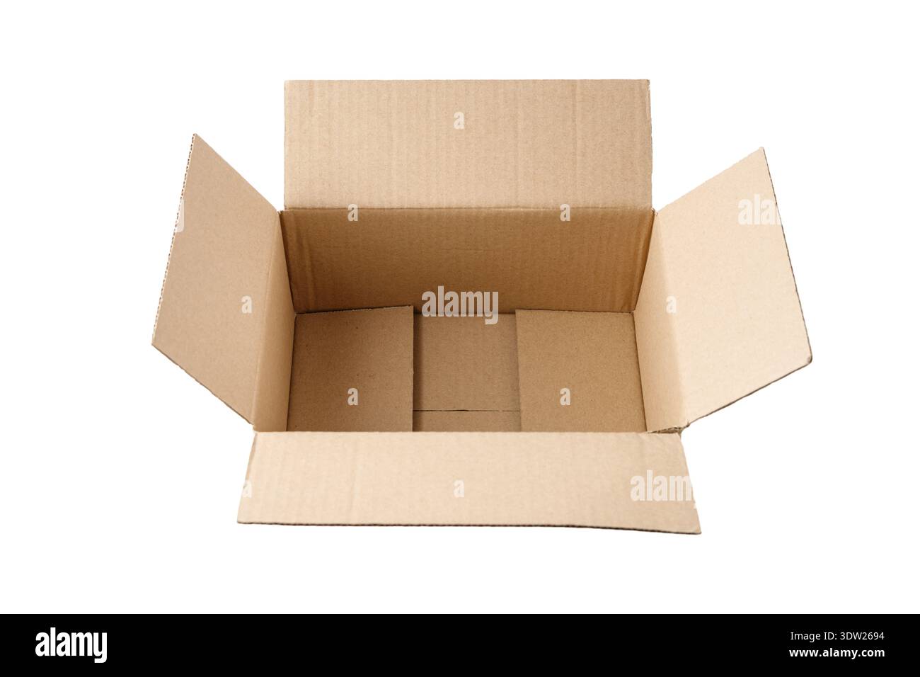 Leeren Karton isoliert auf weißem Hintergrund öffnen. Stockfoto