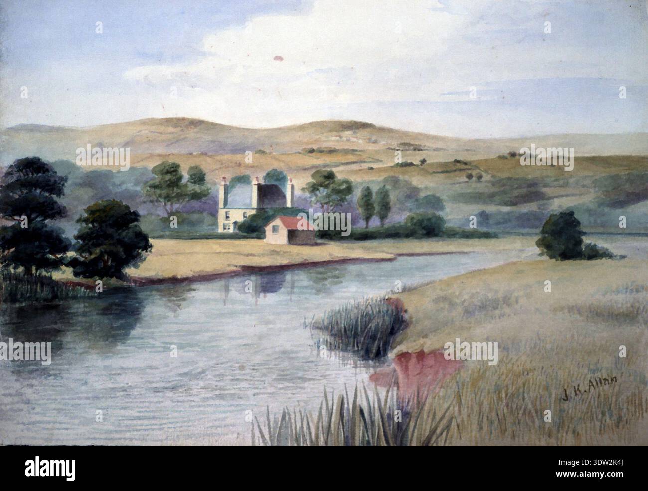 James Kennedy Allan (1920–1998) war ein britischer Künstler, der für seine Landschaften und Aquarelle bekannt war. Dieses Archivgemälde aus den 1920er bis 1930er Jahren zeigt den Fluss exe und die Doppelschleusen am Exeter-Kanal. Der Double Locks Pub, ursprünglich ein Schlosshäuschen, ist seit dem späten 18. Jahrhundert Teil der Geschichte von Exeter. Stockfoto