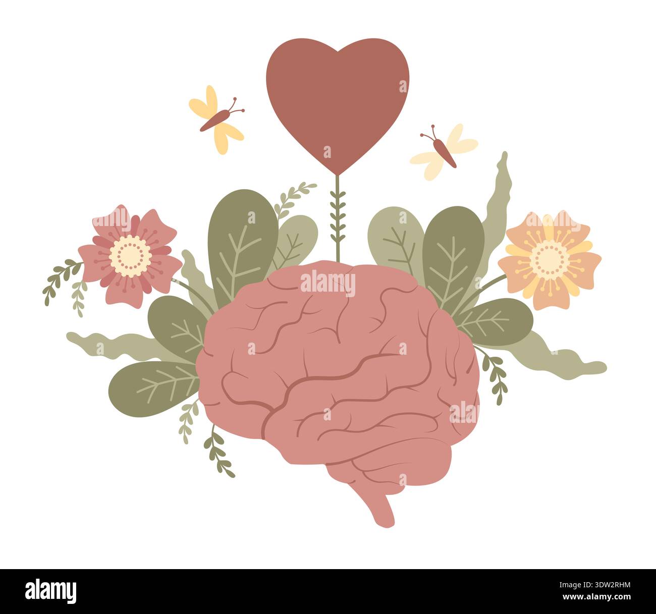 Menschliches Gehirn mit Herz, Blumen und Schmetterlingen für geistiges Gleichgewicht, Gesundheit und Wellness. Emotionale Intelligenz. Vektorabwicklungsdarstellung Stock Vektor