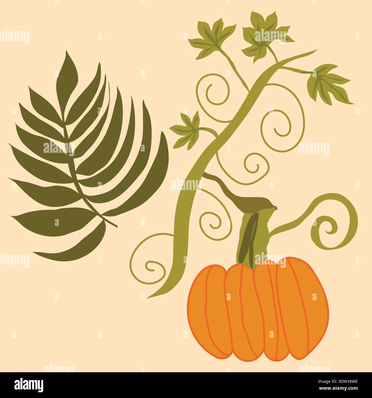 Kürbissträucher mit Blättern Herbstillustration. Handgezeichnete Kürbisstämme mit Blättern und Büschen, Unkräuter handgezeichnete Illustration. Stock Vektor