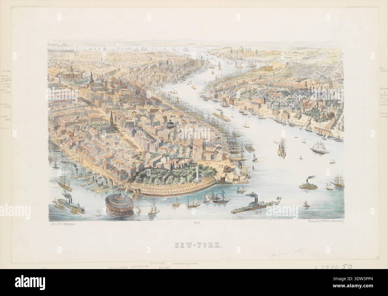 New York (aus dem Südwesten), ca. 1852. Farblithographie von K. Th. Westermann, herausgegeben von Franz Wentzel, zeigt eine weitläufige Luftaufnahme von Lower Manhattan, dem Hafen, Castle Garden und dem geschäftigen Seeverkehr Mitte des 19. Jahrhunderts New York.New-York (vom Südwesten), ca. 1852. Farblithographie von K. Th. Westermann, herausgegeben von Franz Wentzel, zeigt eine weitläufige Luftaufnahme von Lower Manhattan, dem Hafen, Castle Garden und dem geschäftigen Seeverkehr Mitte des 19. Jahrhunderts New York. Stockfoto