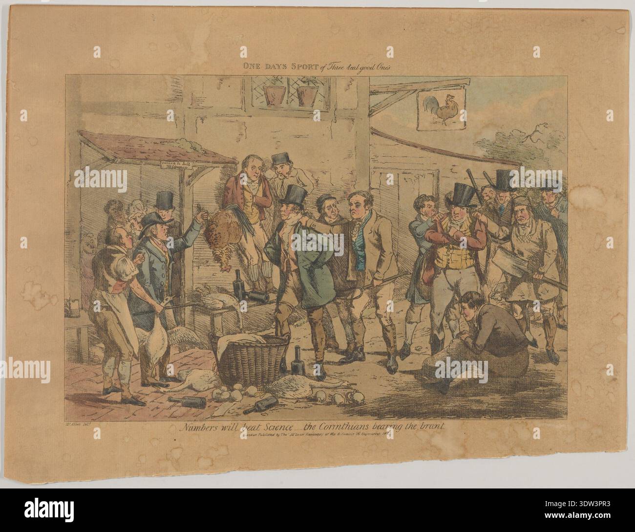 One Day’s Sport of Three Real Good One: Zahlen schlagen Wissenschaft… Die Korinther tragen die Hauptlast, 1823. Handkolorierte Satire von Henry Thomas Alken, veröffentlicht von Thomas McLean, zeigt eine chaotische Jagdszene mit Gentlemen Sportsmen, Wildvögeln und Comic-Störungen, die die britische Sportkultur des frühen 19. Jahrhunderts widerspiegeln. Stockfoto
