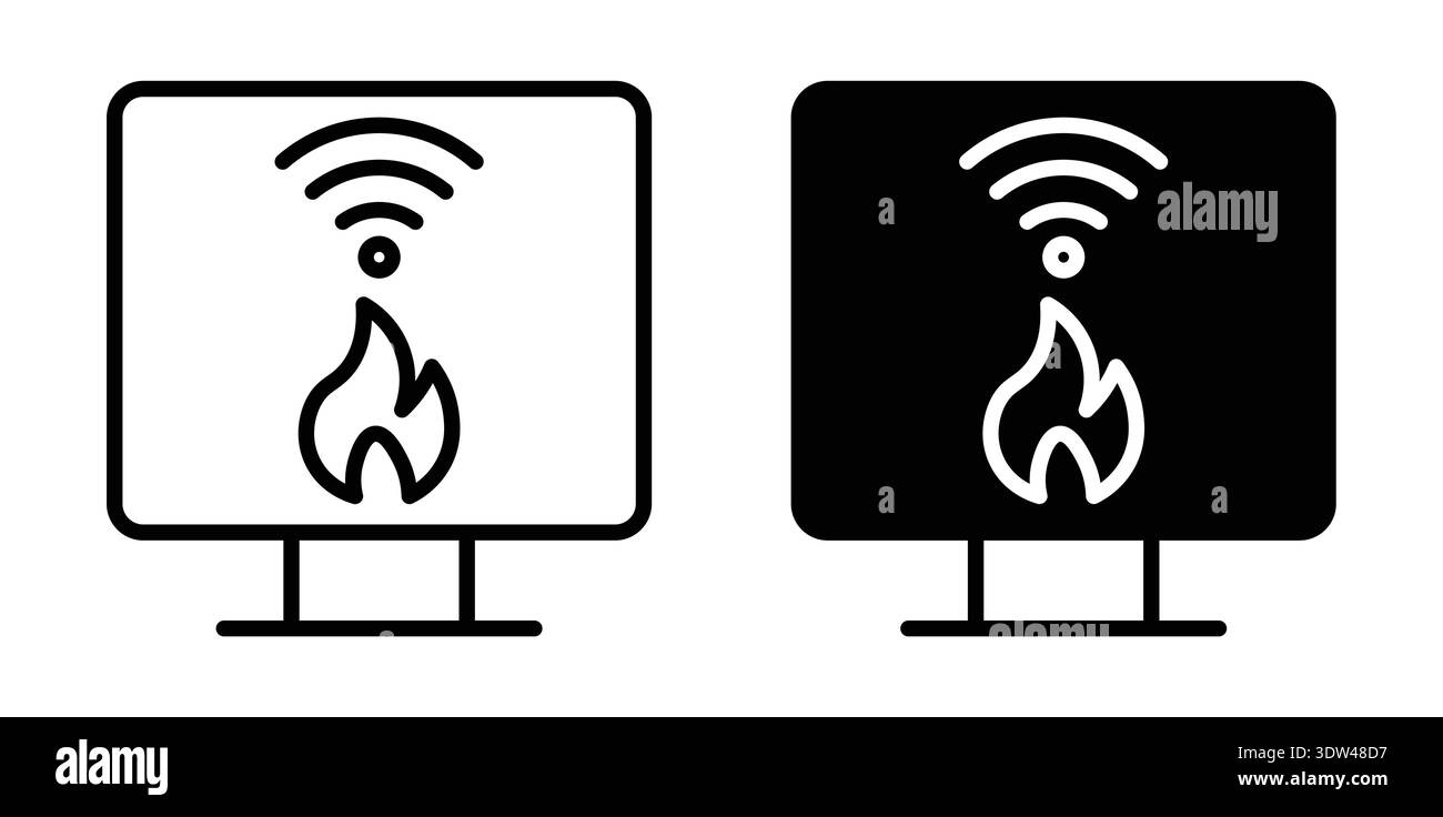Dieses Bild zeigt ein markantes Schwarz-weiß-Design mit einem Wi-Fi-Symbol mit Flammenmotiv, das Geschwindigkeit und Technologie in einem modernen Stil repräsentiert Stock Vektor