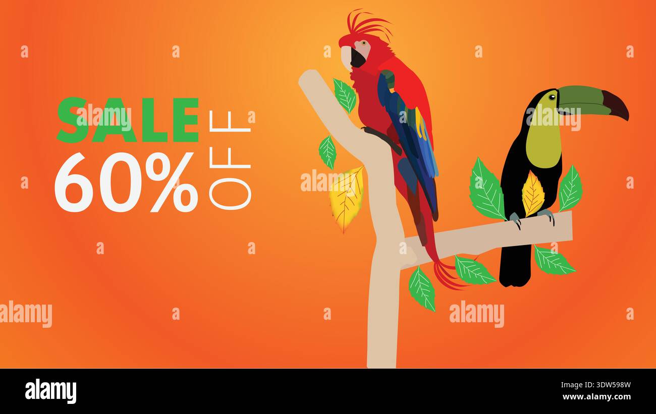 Sale 60% Off tropischer Papagei und Tukan Illustration auf orangefarbenem Hintergrund Werbebanner Stock Vektor