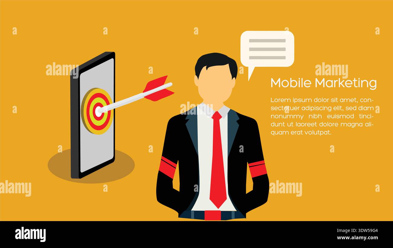 Mobiles Marketing-Konzept mit Geschäftsmann, Smartphone Target und Pfeil treffen Bullseye Stock Vektor