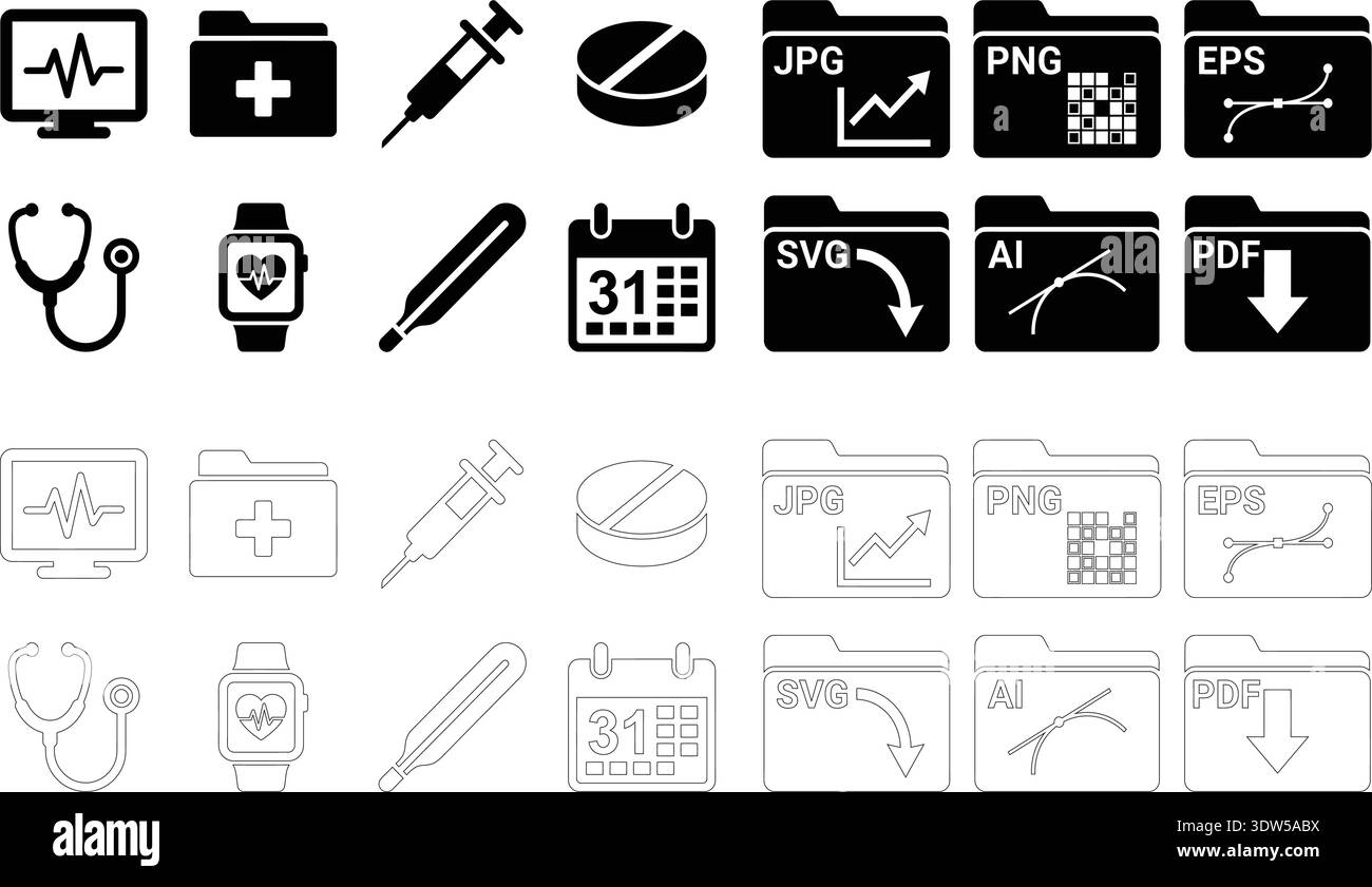 Medizinische Symbole und Dateiformatsymbole setzen Vektorillustration Stock Vektor