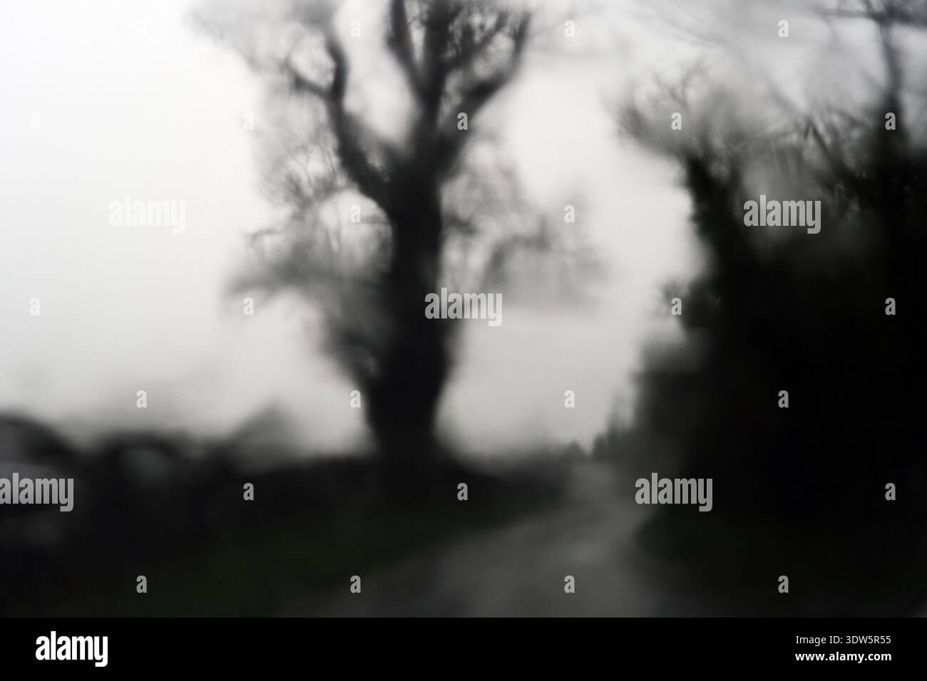 Regen fällt auf ein Fenster und schafft einen unscharfen, gruseligen abstrakten Blick auf die Landschaft Stockfoto
