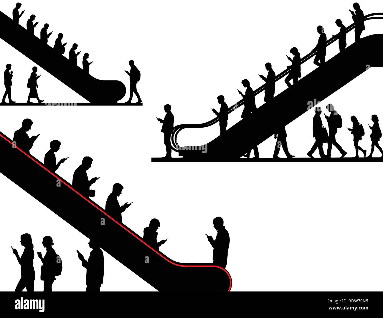 Silhouette von Personen, die auf der Rolltreppe laufen, Silhouette von Personen, die Rolltreppen benutzen Stock Vektor