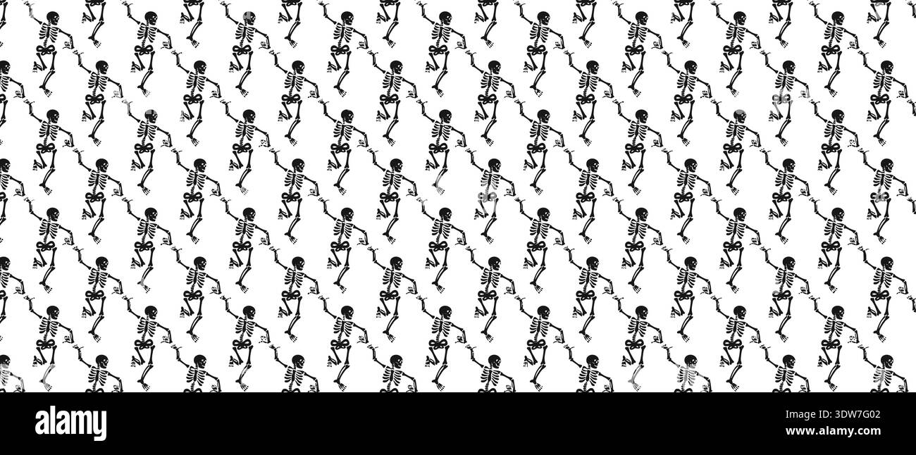 Nahtloses Skelett-Muster mit tanzenden Schädeln, edgy Gothic Style Stoff Design für Halloween und Rock Thema Stock Vektor